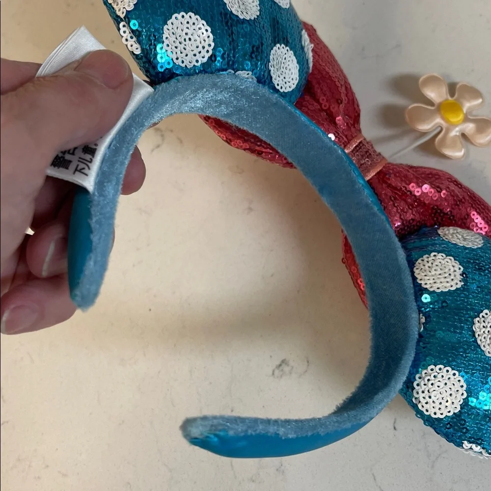 Disney Minnie Ears Headband - Blue & White Polka Dots With White Daisy